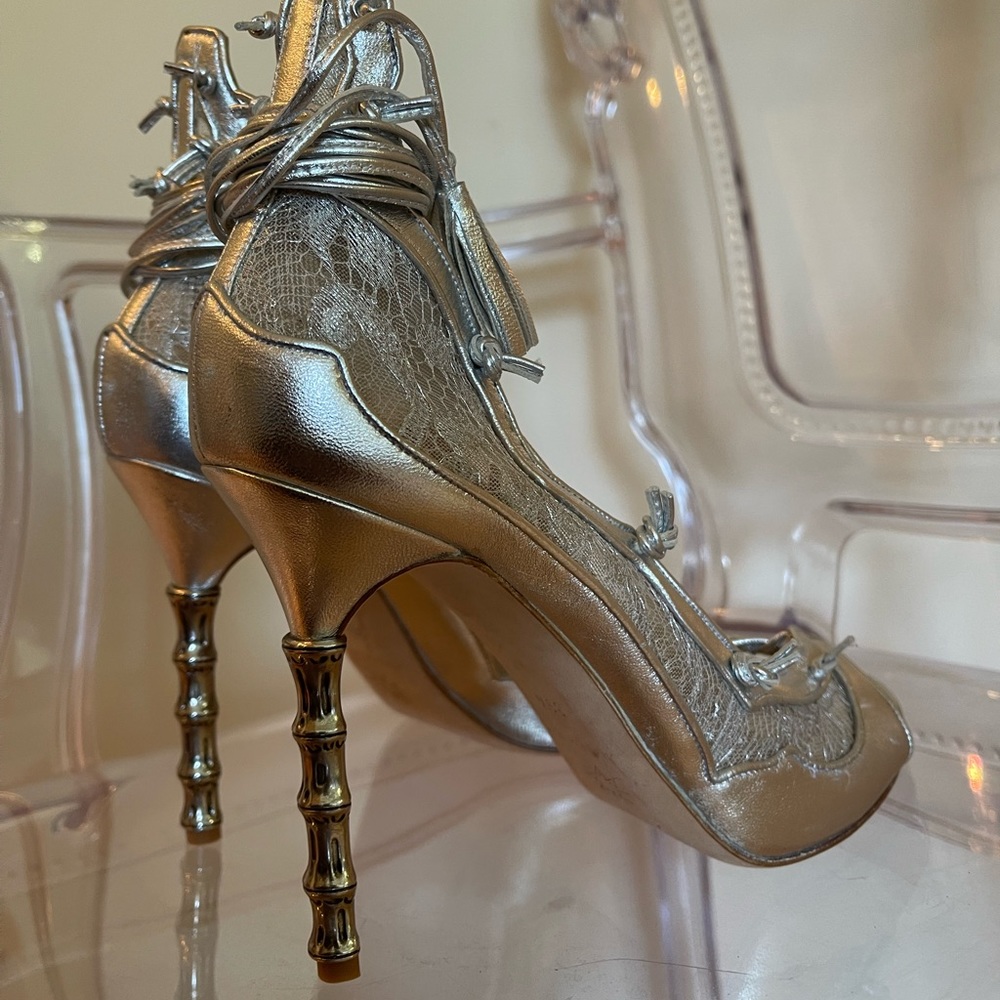 Marchesa Silver and Lace Wrap Up Heels